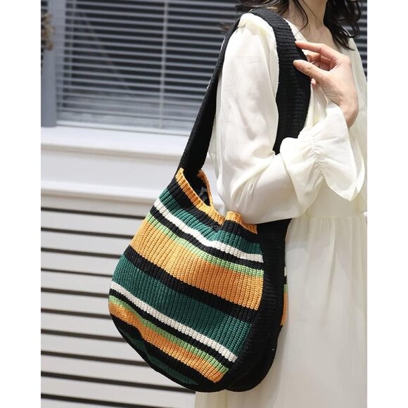 Women's Black-A Shoulder Handbags Crocheted Bags Large Knit Bag Tote Bag - Picture 6 of 9